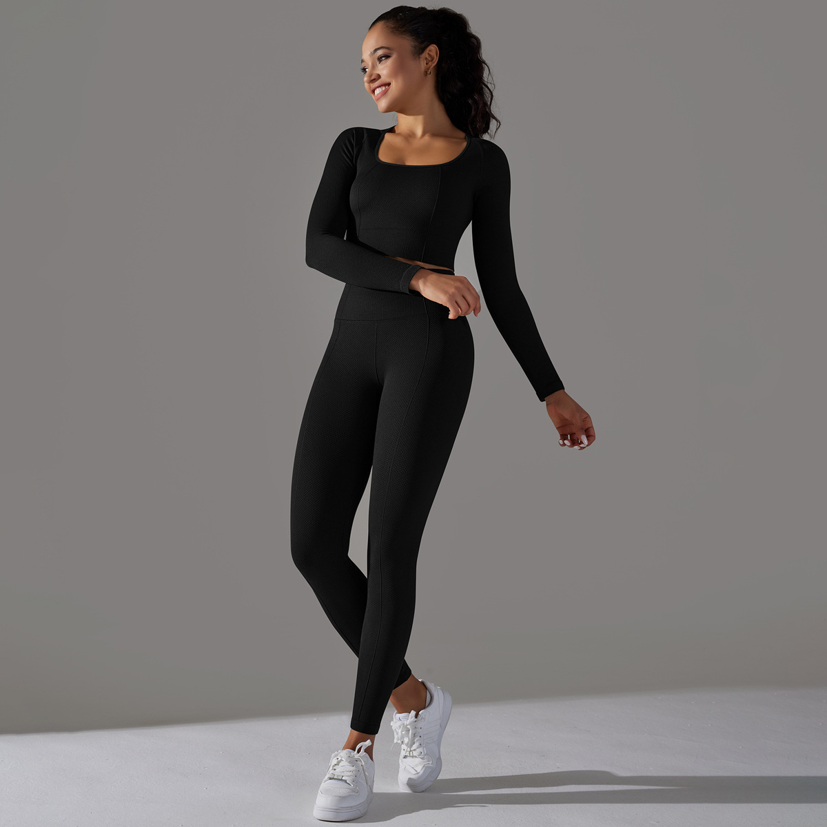 Women's Jacquard Yoga Dress Long Sleeve Suit High Waist Hip Tights Fitness Sportswear_voghion.com