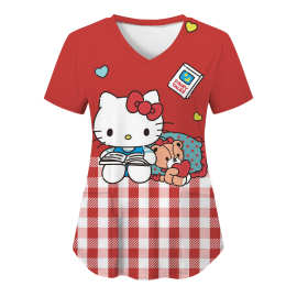 2025女士可爱甜美图片印花图案 V领 休闲护士服 短袖贴袋护工服