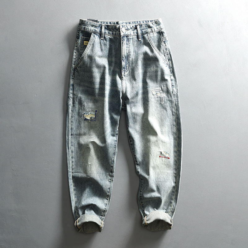 G7127T men's retro washed Denim casual pants a generation of hair