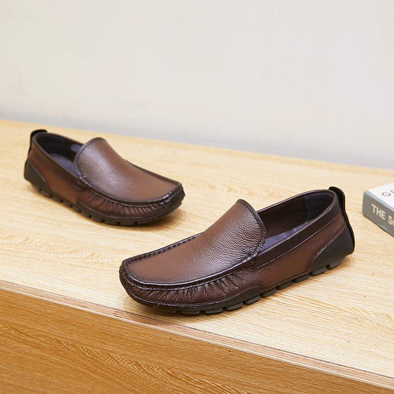 New single-layer leather bean shoes comfortable breathable flat men's leather shoes_voghion.com