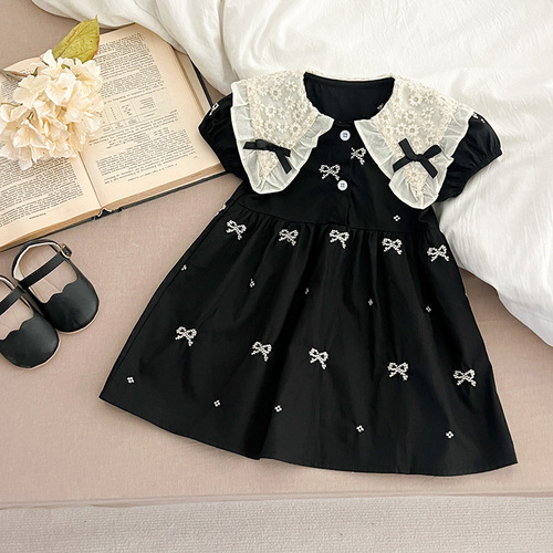 Korean version girls' summer short-sleeve infant onesie with butterfly collar, embroidered dress for little girls, sister set