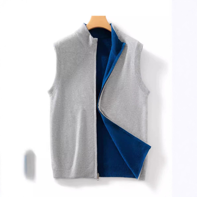 Waistoutwear Jacket Wool Cardigan Men's Wool Knitted Cardigan Sleeveless Autumn and Winter Vest Style Double-Sided Wear Half Turtleneck