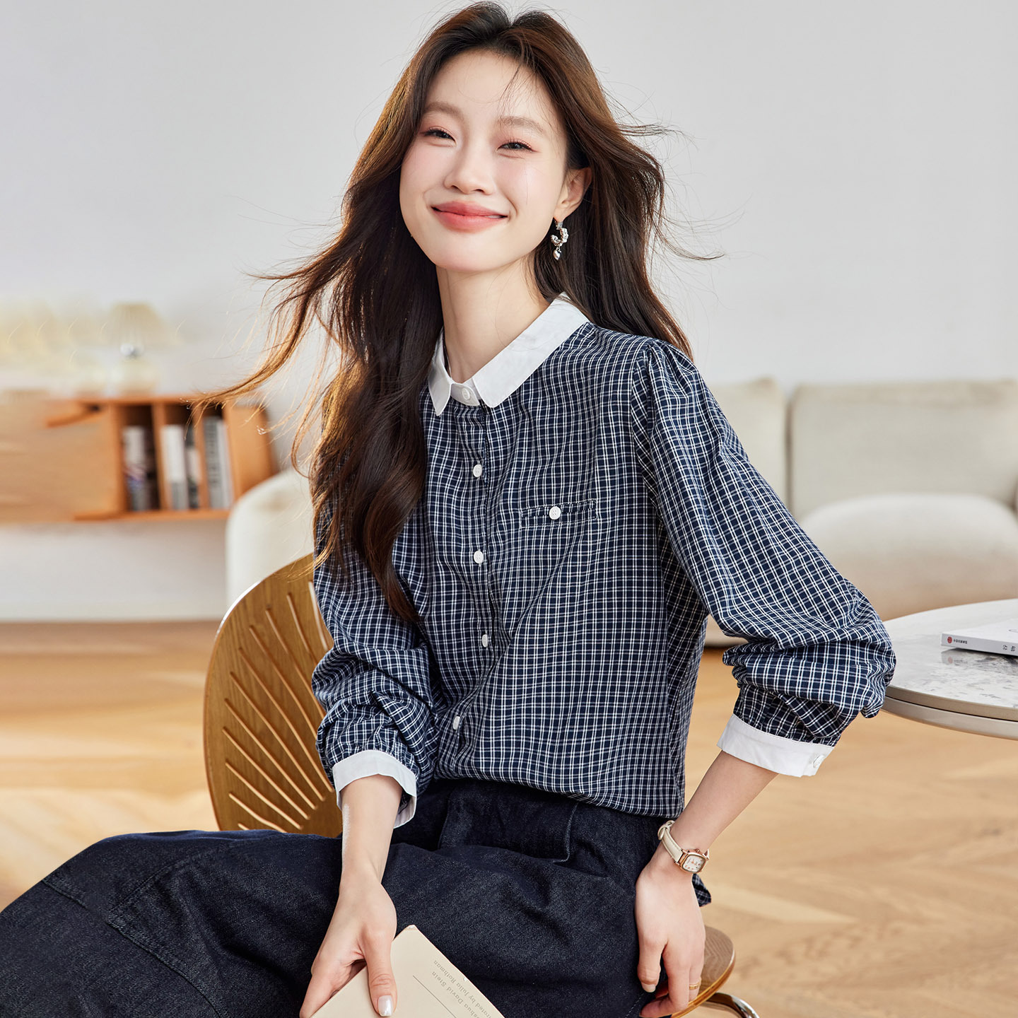 Cotton Cocoon Color-Blocked Plaid Long-Sleeve Shirt for Women, 2026 Spring New Style, Loose Korean Style Versatile Casual Shirt
