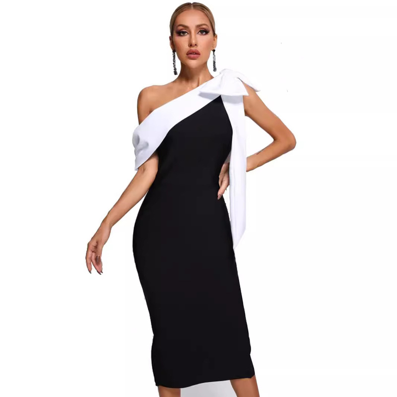 European and American New Women's Sexy Shoulder Bow Tie Bandage Dress Stitching Celebrity Ladies Party Party Dress Skirt