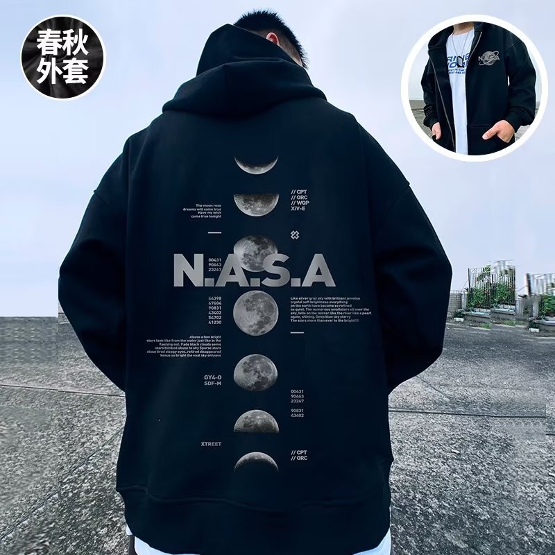 American-style High Street Sweatshirt Men's Zipper nasa Fatty Hooded plus size Cardigan Plus Fat Plus Oversize Coat Fashion Autumn Winter fleece-lined