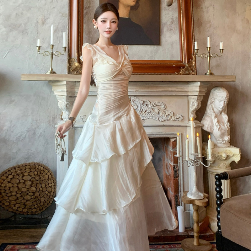 Garden-Style French Off-Shoulder Light Luxury Dress, High-End Fishtail Dress, Birthday Party Evening Gown