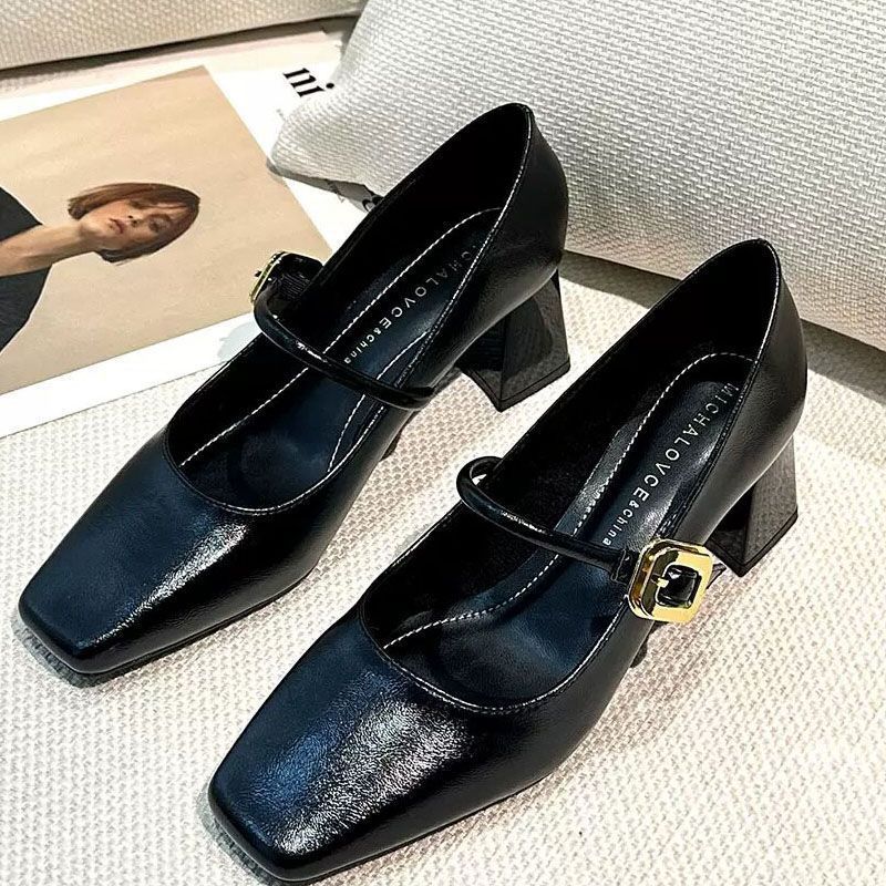 Black high heels, retro Mary Jane shoes square toe low-cut with a strap, wide stable heel, Collection Year 2025, suitable for spring and autumn, adjustable strap