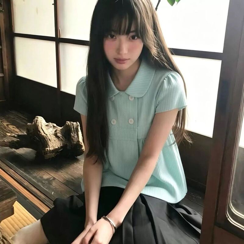 Korean-Style Fresh Striped Shirt for Women, Summer Double-Breasted Doll Collar Short-Sleeve Design, Loose Artistic Blouse Top Korean-Style Fresh Striped Shirt for Women, Summer Double-Breasted Doll Collar Short-Sleeve Design, Loose Artistic Blouse Top