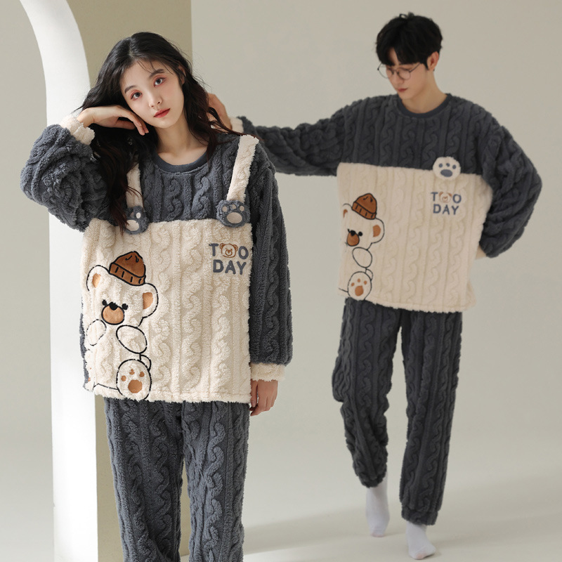 [100% fibra de poliéster] pijamas pareja de coral de lana desgaste en el hogar de dos piezas de franela engrosada cálida primavera y otoño