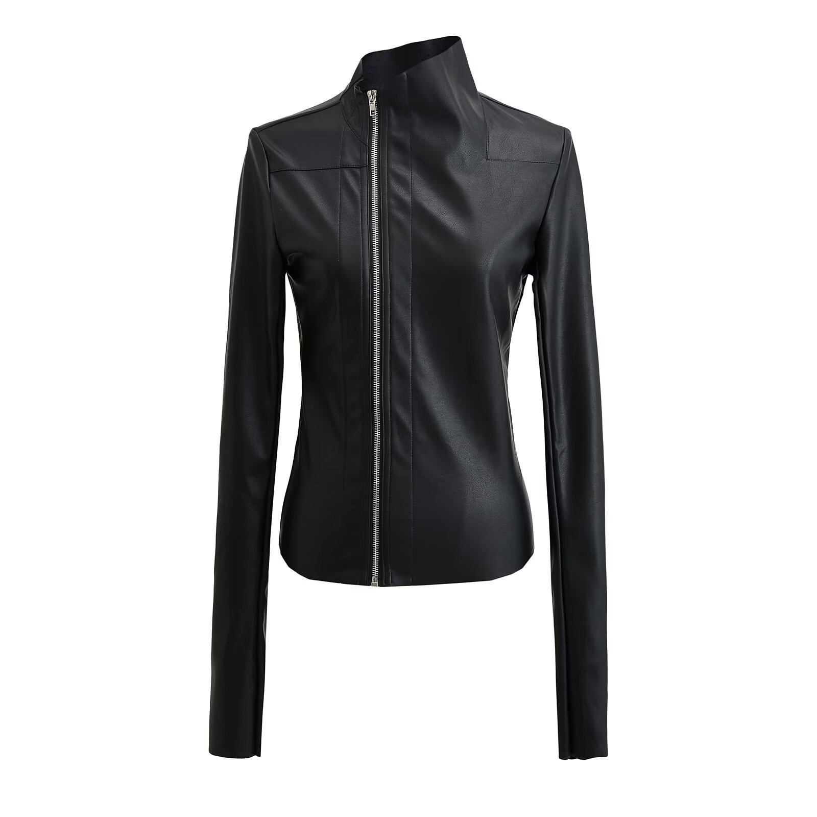 Autumn 2024 Black Slim-fit Zipper Stretch All-match Slim-fit PU Leather Jacket Women's Retro Irregular Rag Jacket