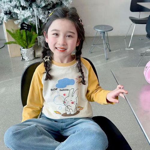 Baby cartoon cute casual crew neck long T-shirt for girls, suitable for autumn wear