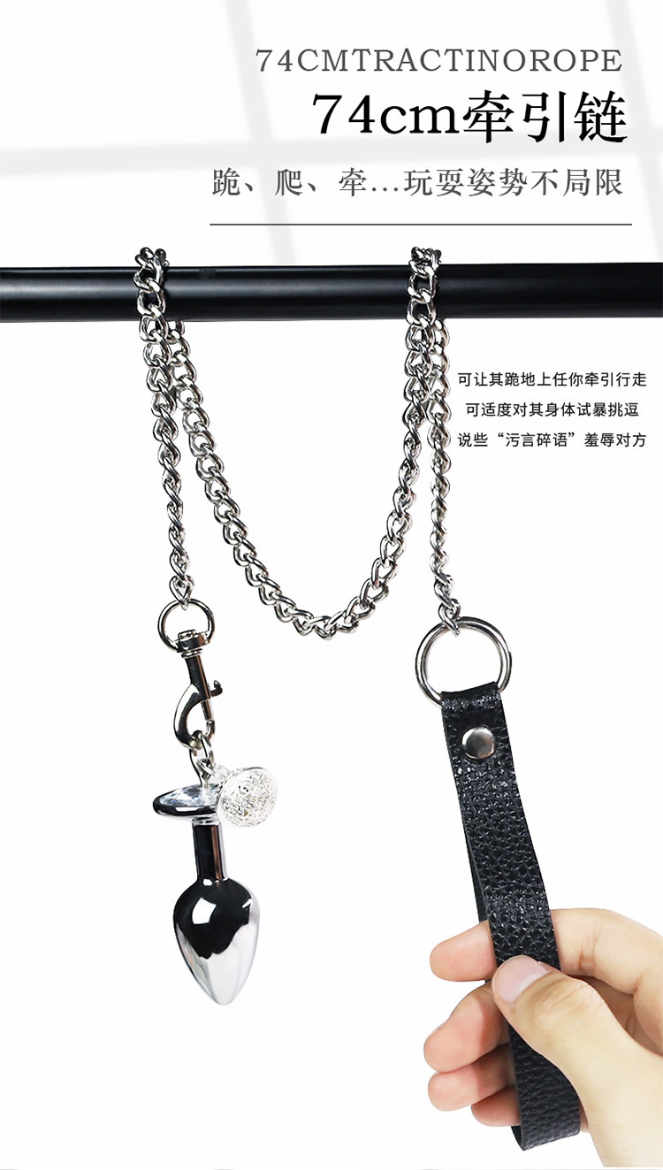 SM Metal Anal Plug with Leather Leash, Silver Bondage Beads Style Adult Toy — detail image 3