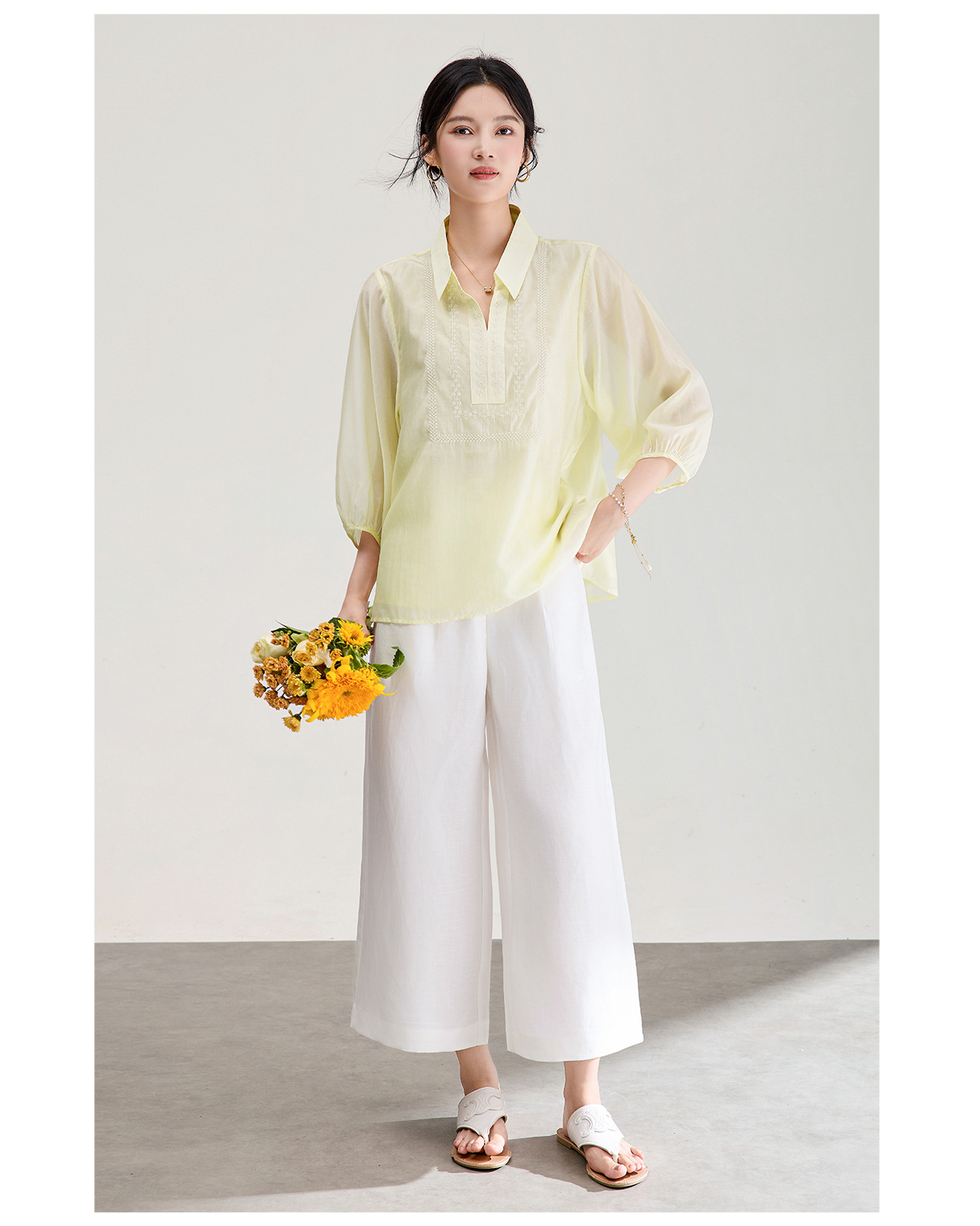 Áo sơ mi nữ tay lỡ thêu hoa tay chất liệu tencel cao cấp — màu trắng chi tiết 7