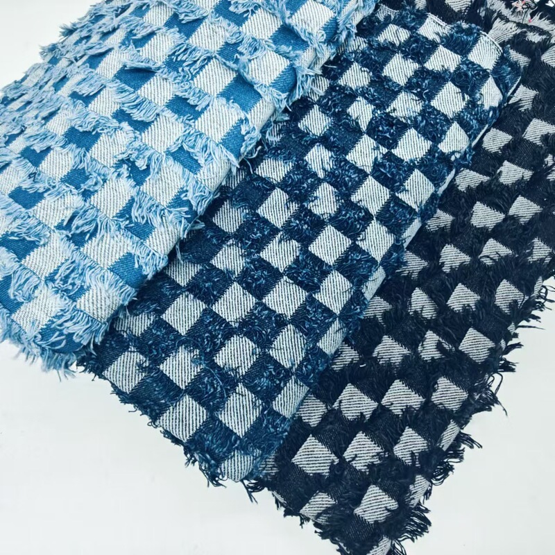 Checkerboard Pattern Jacquard Denim Fabric Washed Handmade DIY Textured Jacket Clothing Bag Designer Fabric