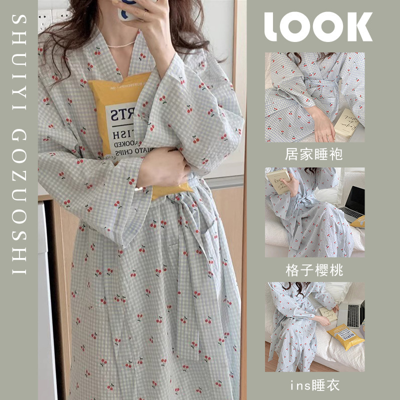 Fresh and Simple Plaid Cherry Plaid Nightgown Sleepwear Women's Spring and Summer New Long Sleeve Bathrobe Loungewear Summer