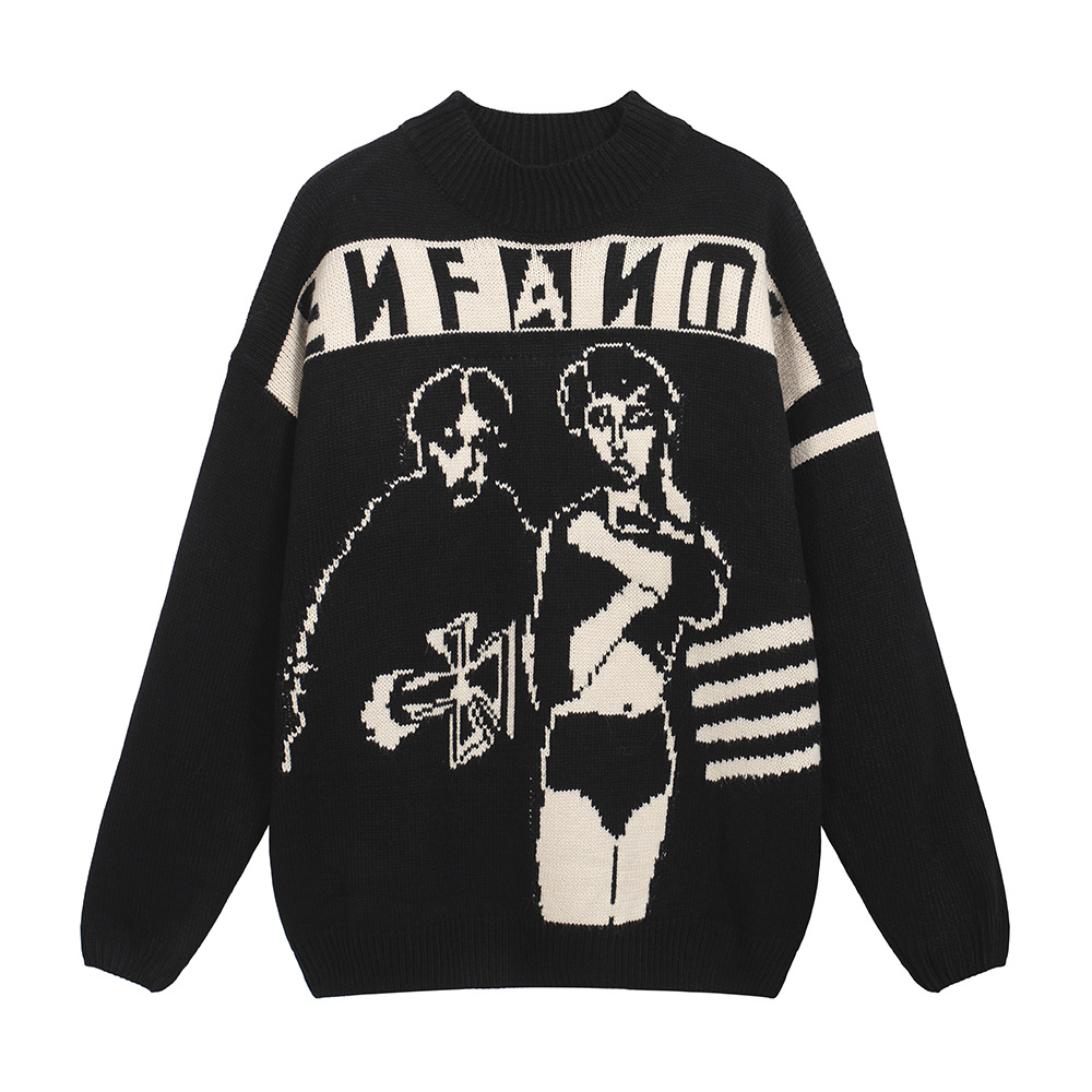 ERD personaje logo Jacquard pequeño cuello alto hombre y mujer suéter casual suelto suéter