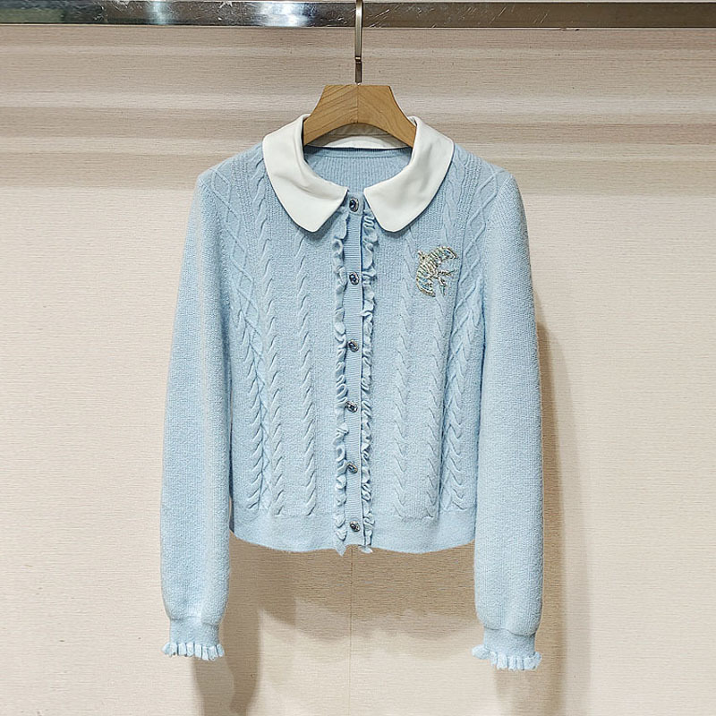 1件起批2025秋女装 娃娃领减龄单排扣长袖针织开衫外套S250783|undefined