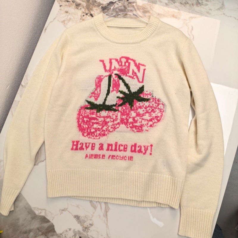 26 Autumn New Pink Raspberry Jacquard Knit Sweater for Women, Off-White Round Neck Loose Wool Blend Pullover