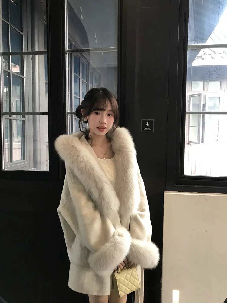 Winter Womens Fox Fur Collar Wool Coat Fox Fur Cuffs Warm Wool