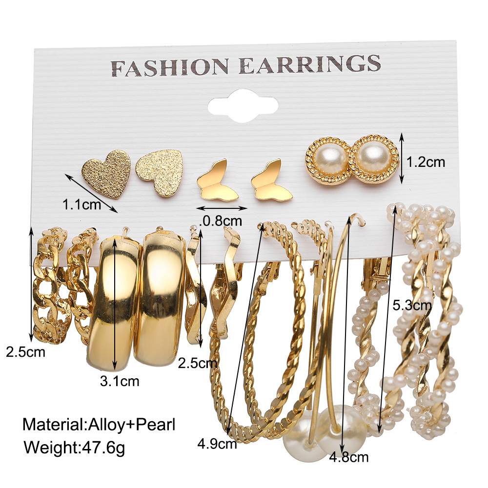 Creative Simple Pearl Butterfly Chain Hoop Earring 9 Piece Set Wholesale Nihaojewelry display picture 1