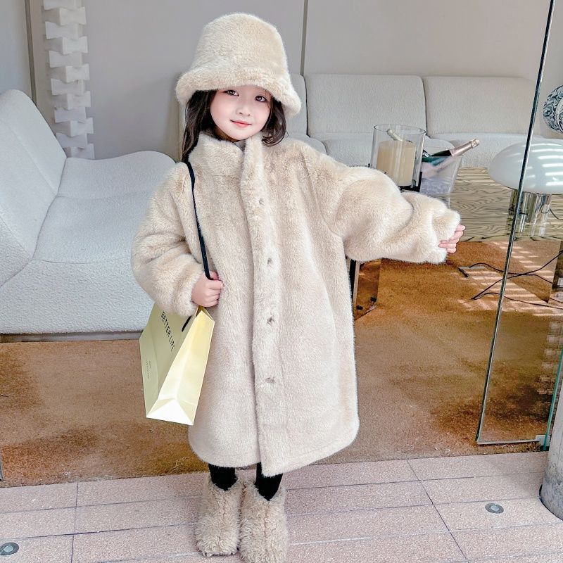 皮毛一体仿水貂毛女童仿皮草外套加厚洋气中长款毛毛大衣潮