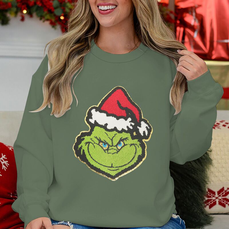 Amazon Christmas Grinch Embroidered Round Neck Women's Sweatshirt European and American Christmas Trendyy Casual Long Sleeves Amazon Christmas Grinch Embroidered Round Neck Women's Sweatshirt European and American Christmas Trendyy Casual Long Sleeves