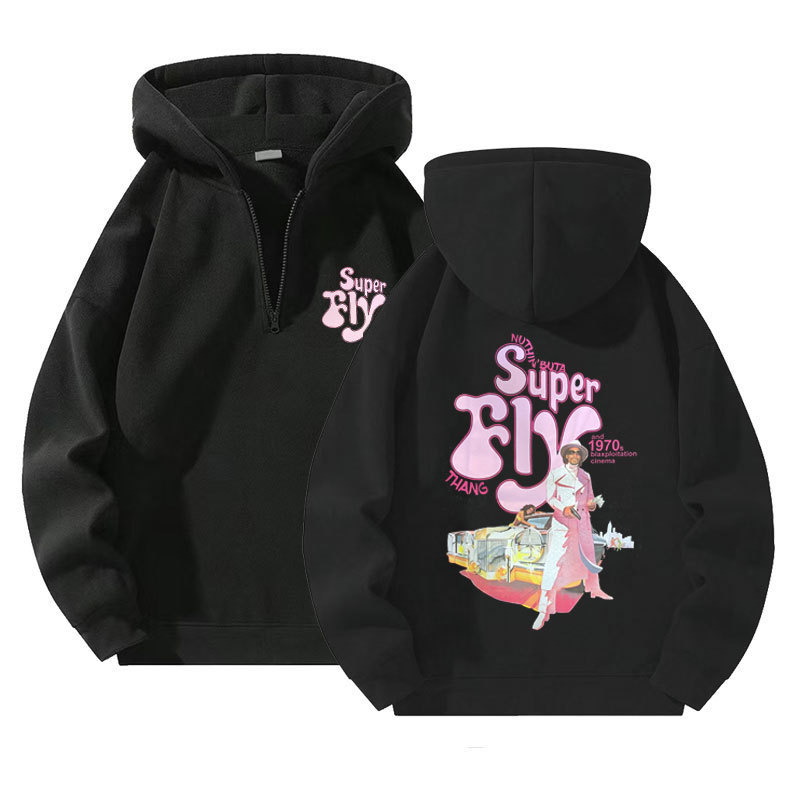 Black Women's Retro Letter Sweatshirts Fashion Double-Sided Printing Printed Quarter Zip Fleece Sweatshirt