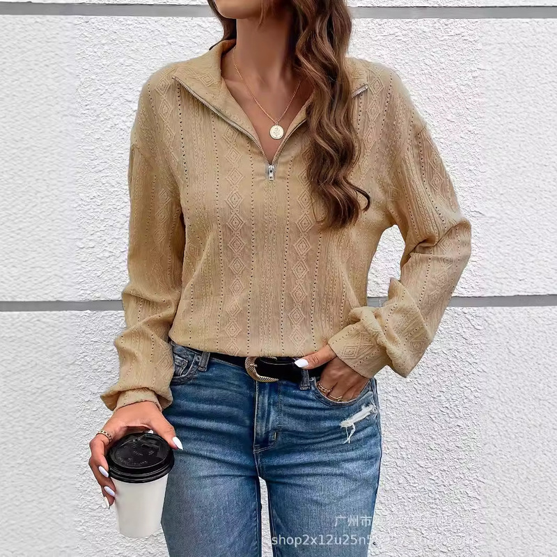 2026 Cross-Border Women's Clothing Amazon Temu Spring and Summer Export Solid Color Lapel Zipper Long-Sleeved Shirt Top