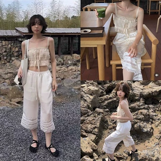 梵隼·XH韩系蕾丝拼接缎面七分裤东大门夏季新款显瘦直筒白色裤子
