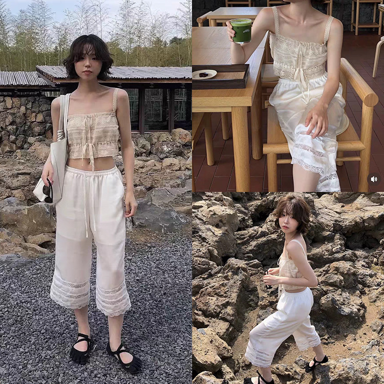 Fan Sun·Xh Korean-Style Lace Patchwork Satin Cropped Pants Dongdaemun New Summer Slim Straight White Pants