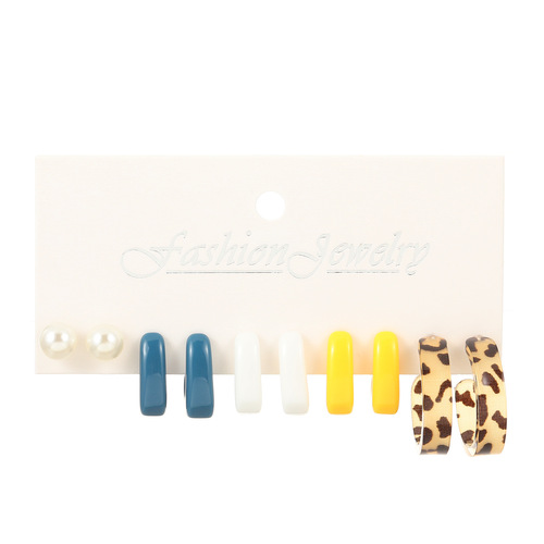 European and American style new retro square geometric earring set ins pearl resin leopard print earrings 5-piece set