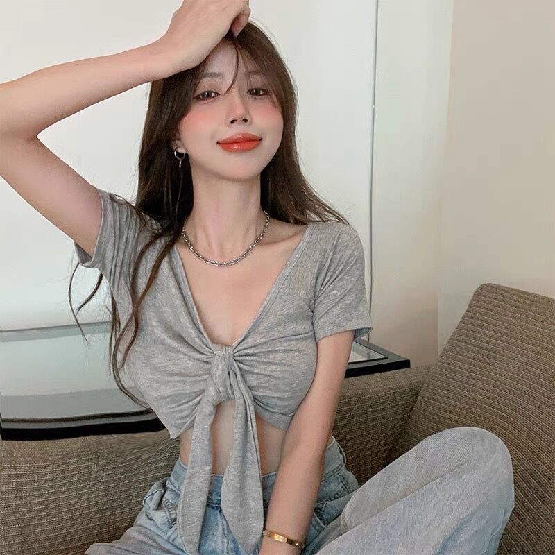 Ins New Style Distinctive Tie Strap Navel Short-sleeved T-shirt Women's Summer Positive and Reverse Wear Short Tight Backless Top Ins New Style Distinctive Tie Strap Navel Short-sleeved T-shirt Women's Summer Positive and Reverse Wear Short Tight Backless Top
