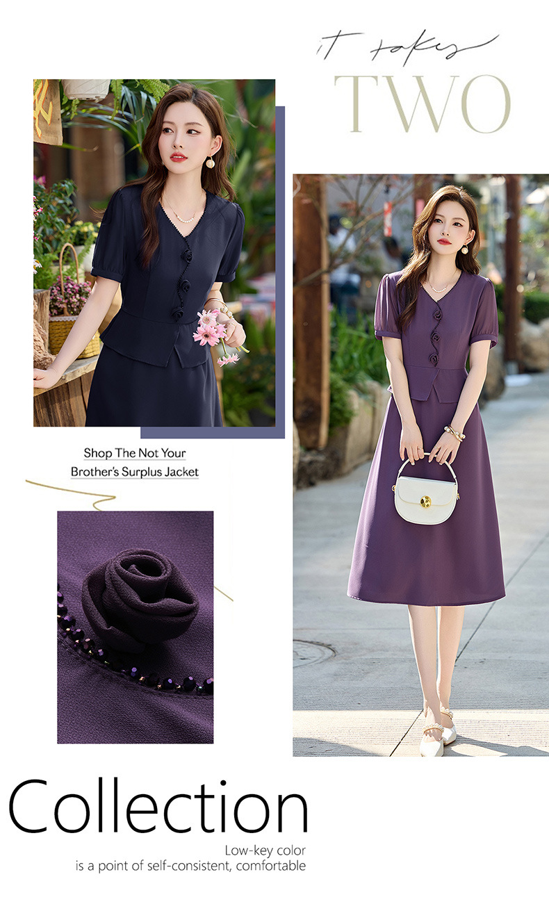 Đầm maxi nữ cổ V phối ren hoa hồng, tay ngắn, thiết kế giả hai lớp, cài khuy vải — tím hoa cà, Xanh lông mòng đen chi tiết 3