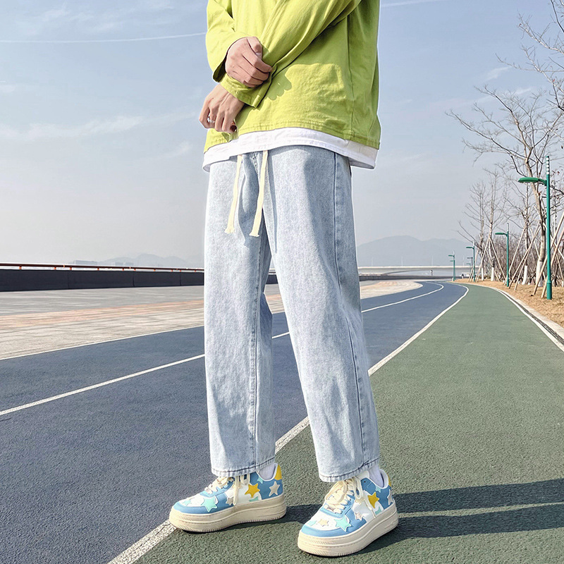 Jeans men's spring and summer thin loose straight men's casual tooling dad pants men's cropped wide leg long pants