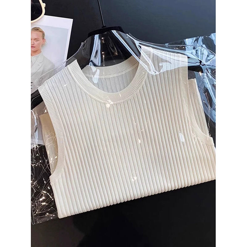 Simple and Elegant White Ice Silk Knit Top for Women, Spring/Summer 2026 New Style, Sleeveless, Thin, Versatile, Slim-Fit Top