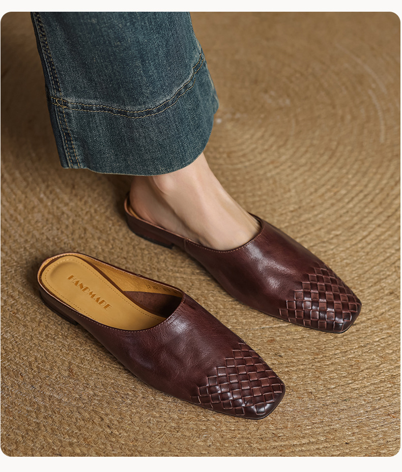 Giày mule nữ da bò mũi vuông miệng nông đế bệt — màu nâu chi tiết 6