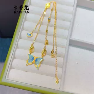 仿沙金古法高温烧蓝梦幻蝴蝶花间宿项链新中式复古国潮风双勾链