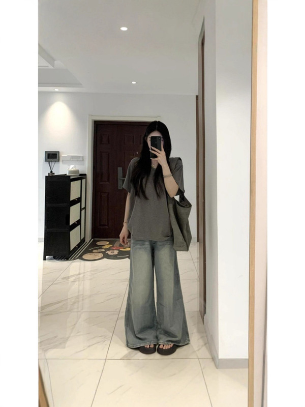 韩系简约休闲V领灰色慵懒风短袖T恤女夏新款宽松垂感百搭半袖上衣|undefined
