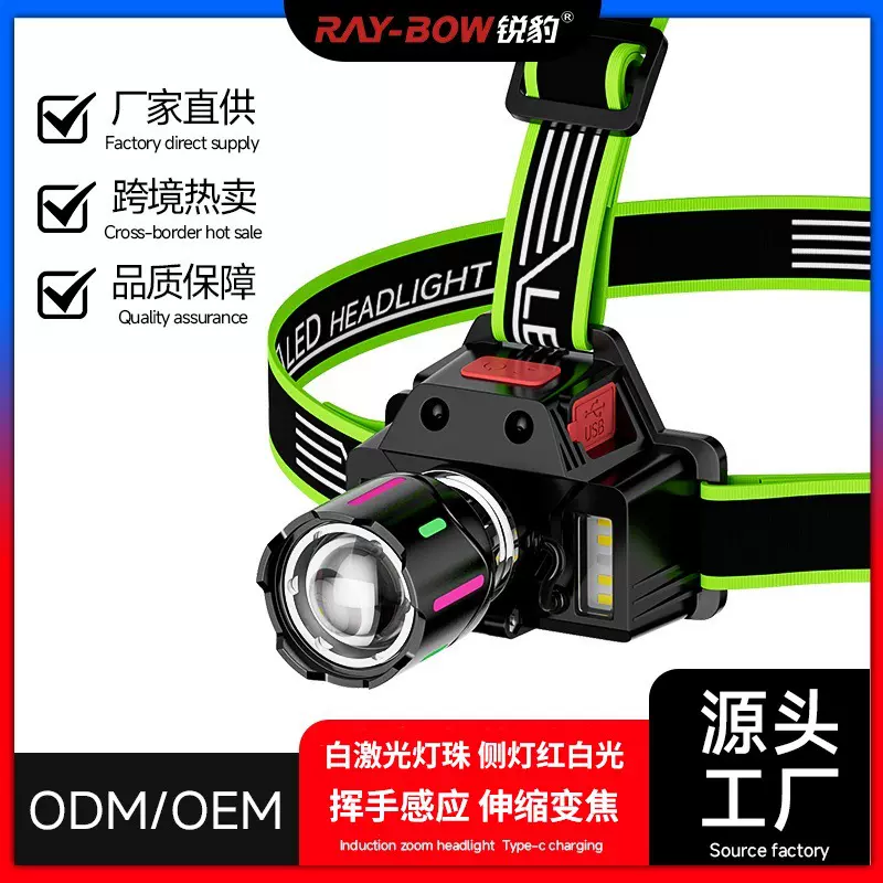 跨境超亮强光白激光头灯感应矿灯变焦TYPE-C快充红光头戴式夜钓灯