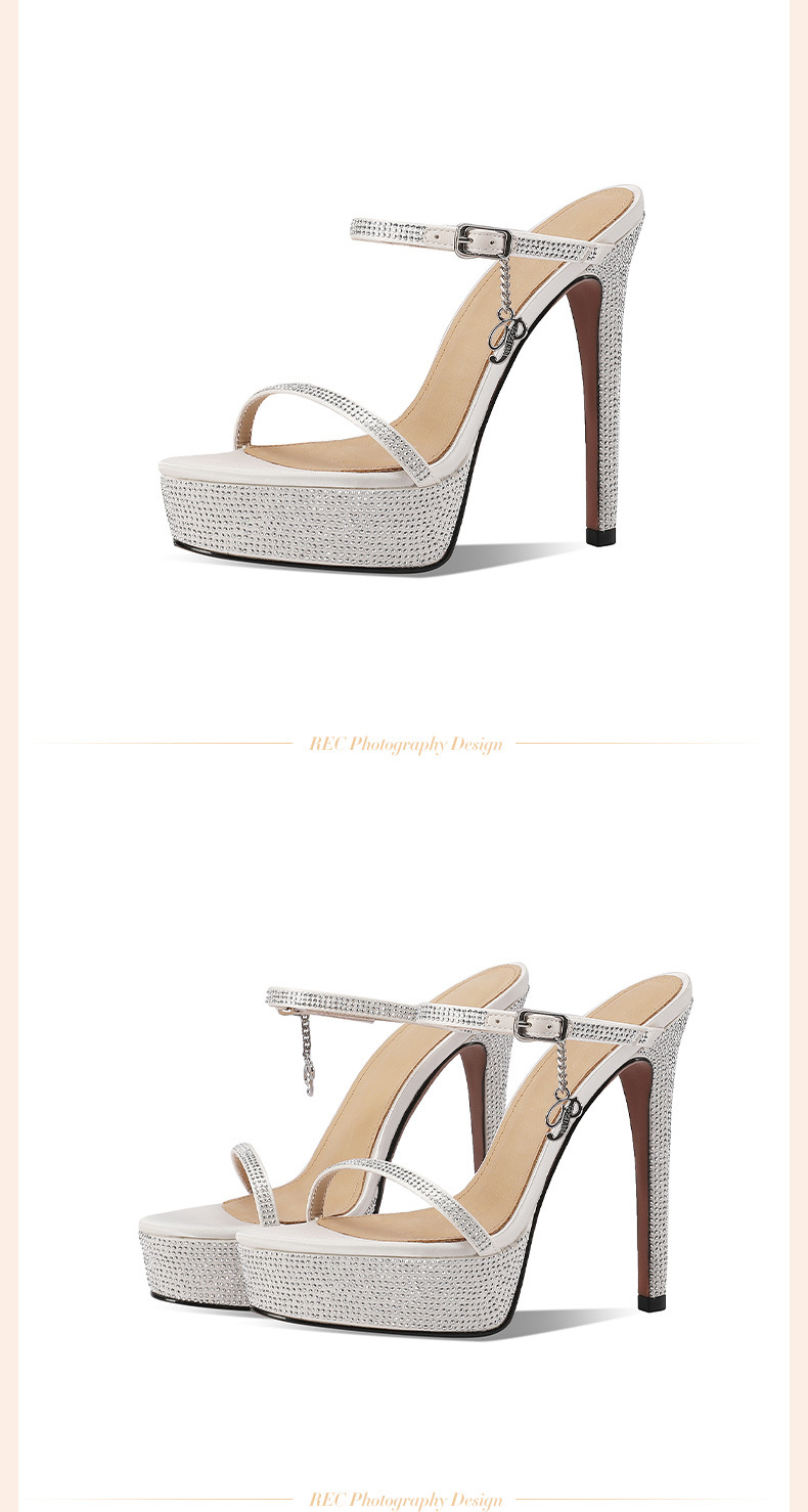 Sandal cao gót nữ hở mũi da thật đế platform đính đá gót 13 cm — Màu rượu sâm banh (13cm) chi tiết 17