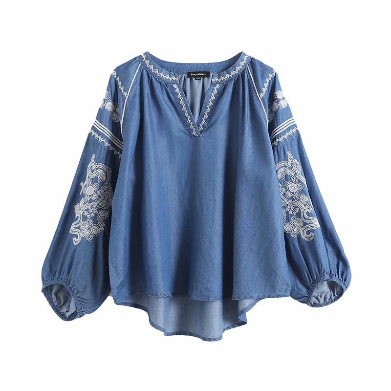 fashion loose embroidered pullover denim shirt  NSAM34005