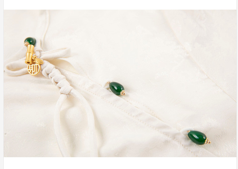 Áo sơ mi nữ satin jacquard phong cách Trung Quốc tay ngắn thanh lịch — màu trắng ngà chi tiết 12