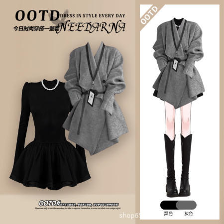 Autumn and Winter Light and Mature Royal Sister Wears Korean Style Cool Sweater Jacket and Black Puffy Dress Two-Piece Suit