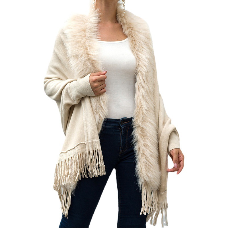 Estilo europeo y americano otoño e invierno comercio exterior Amazon borla Cabo chal cuello de piel Cabo color sólido cardigan suéter