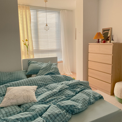 新全棉水洗棉四件套小清新純棉斜紋格子被套床單床上用品壹件代發