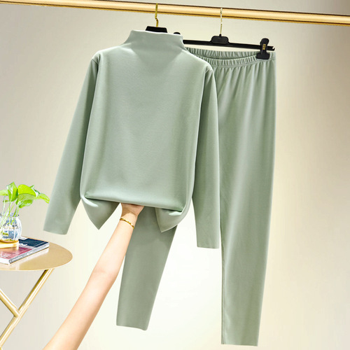 German half-high collar long-sleeved warm set autumn and winter version padded and thick base shirt and pants double-sided plush monochrome underwear