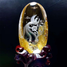 天然黄胶花水晶原石彩幽灵雕刻凤凰牡丹 幽灵水晶原石吊坠摆件