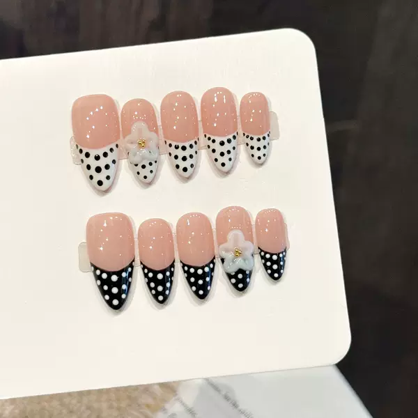 Rikaman Original [Pink Wave Flower Rhythm] Pink Polka Dot Nail Art with 3D Flower Embellishments, Sweet and Cool, Brightens Skin Tone, Handmade Wearable