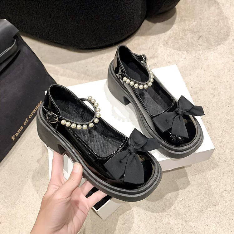 High footwear for leather shoes platform, cute shoes with bow, 2024 years, trend of season