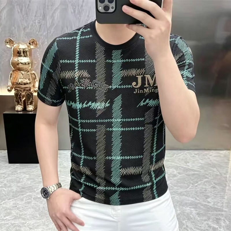 Beyond Men's Clothing 26641 TikTok Hot Item Summer New Bone Flower Brocade Spandex Ice Silk Men's Short Sleeve Crew Neck T-Shirt
